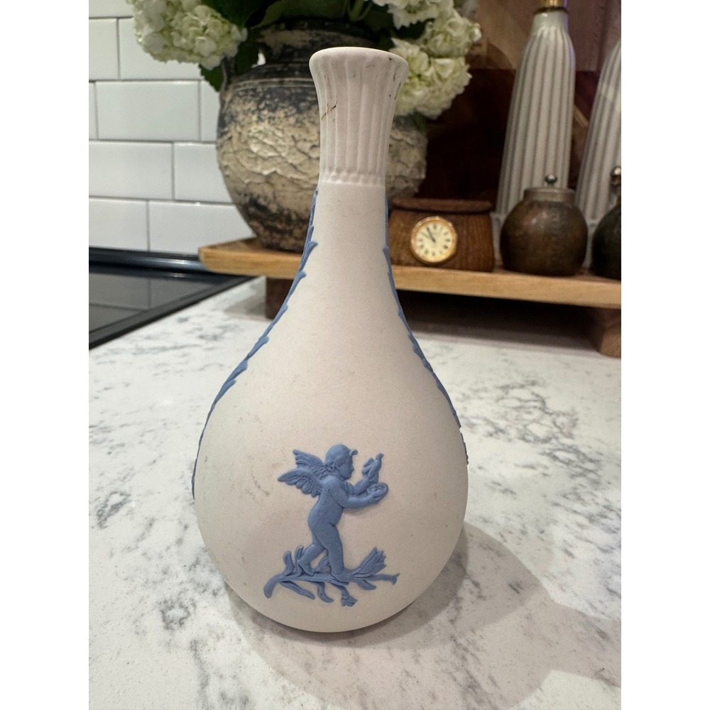 Wedgwood Jasperware Blue White Cherub Bud Vase Made in England 5.25 Inch Vintage